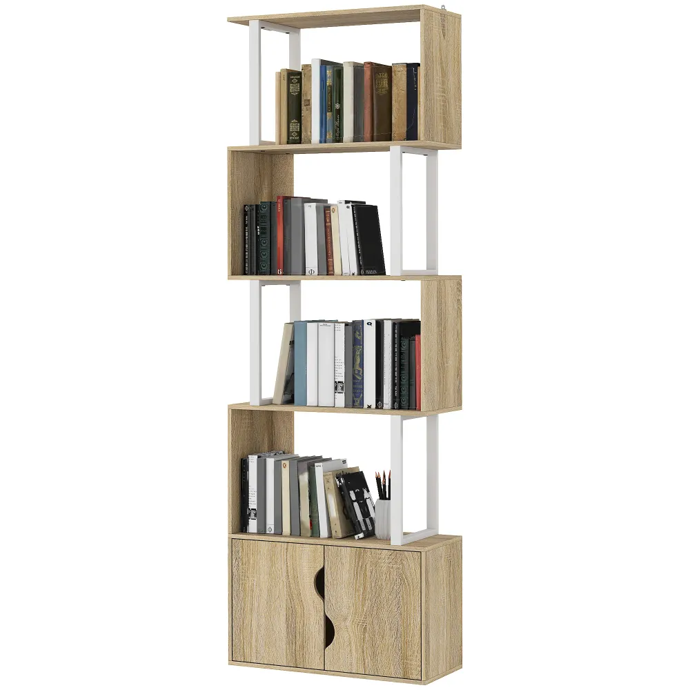 Bibliothèque à 5 niveaux, meuble de rangement en forme de S avec étagères et placard duo porte, étagère de rangement pour...