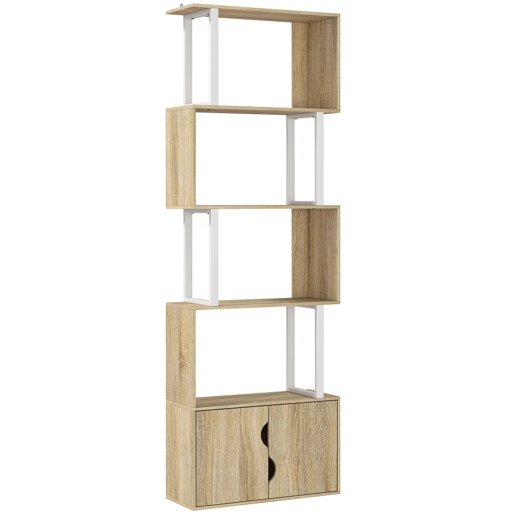 Bibliothèque à 5 niveaux, meuble de rangement en forme de S avec étagères et placard duo porte, étagère de rangement pour...