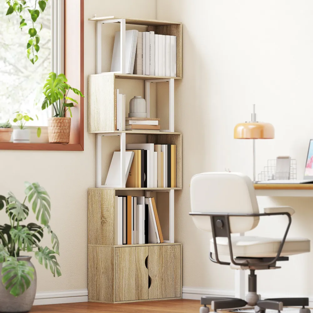 Bibliothèque à 5 niveaux, meuble de rangement en forme de S avec étagères et placard duo porte, étagère de rangement pour...