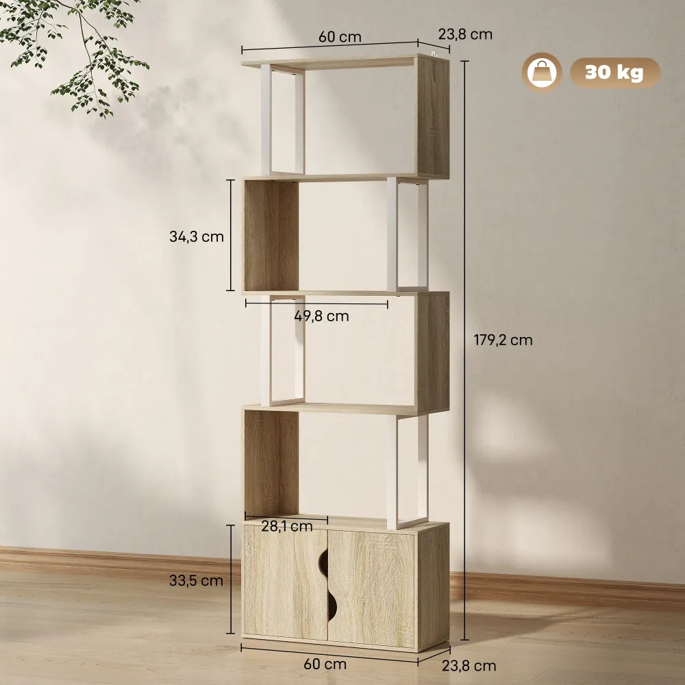 Bibliothèque à 5 niveaux, meuble de rangement en forme de S avec étagères et placard duo porte, étagère de rangement pour...