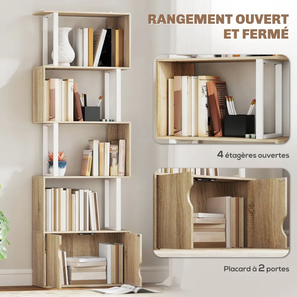 Bibliothèque à 5 niveaux, meuble de rangement en forme de S avec étagères et placard duo porte, étagère de rangement pour...