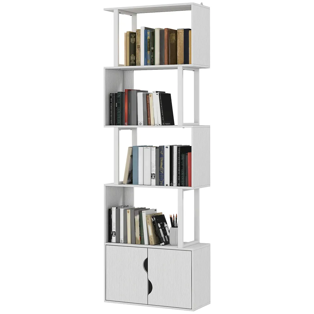 Bibliothèque à 5 niveaux, meuble de rangement en forme de S avec étagères et placard duo porte, étagère de rangement pour...