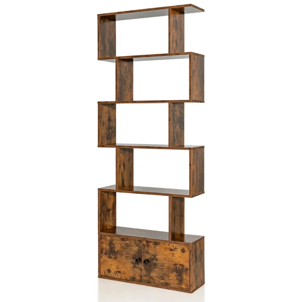 Bibliothèque étagère échelle en bois à 6 niveaux avec 2 portes 70 x 23 x 183 cm style novateur forme en s marron rustique...