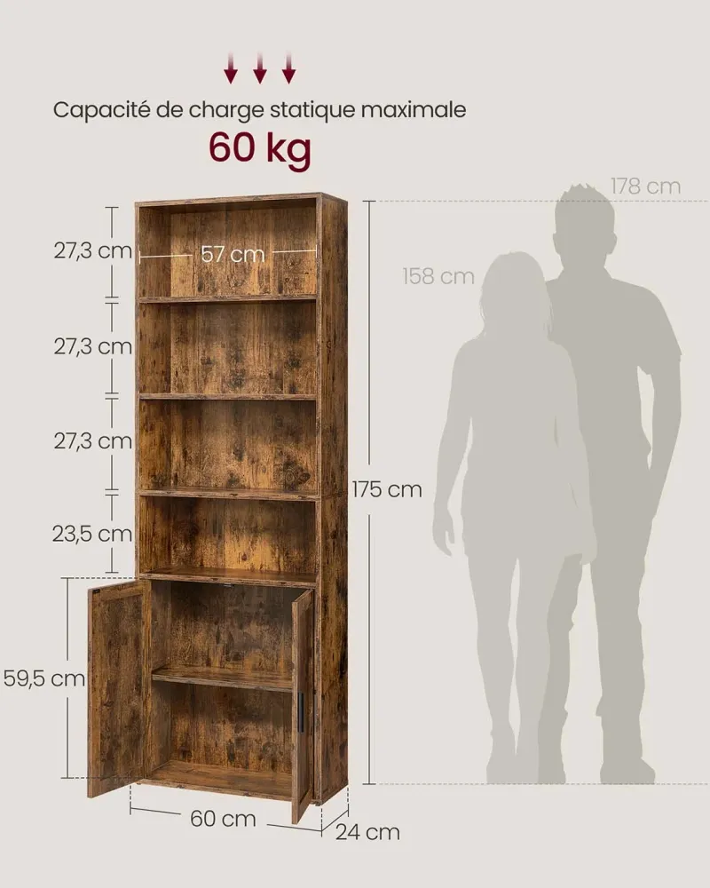 Bibliothèque étagère haute sur 6 niveaux avec porte meuble de rangement ouvert 24 x 318 x 175 cm pour salon bureau salle à...