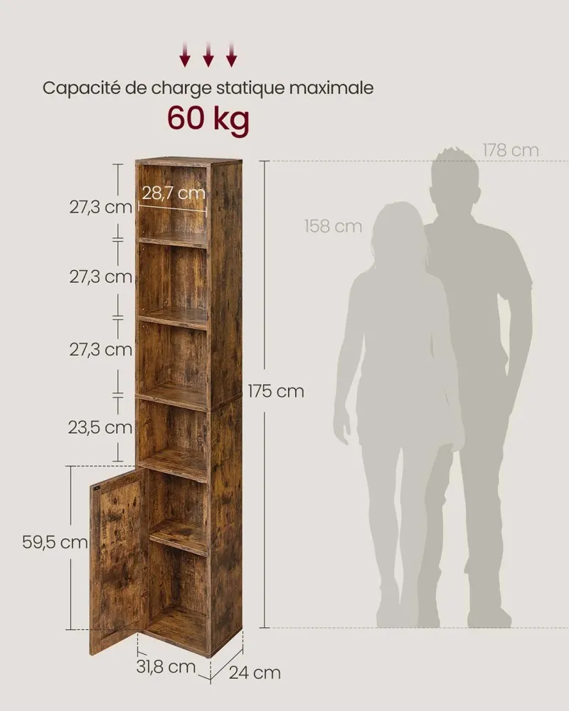 Bibliothèque étagère haute sur 6 niveaux avec porte meuble de rangement ouvert 24 x 318 x 175 cm pour salon bureau salle à...