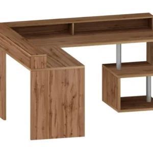 Bureau Albert, Bureau d'angle avec étagères de rangement avec lampes LED, Bureau polyvalent avec plateau, 180x60h93 c...