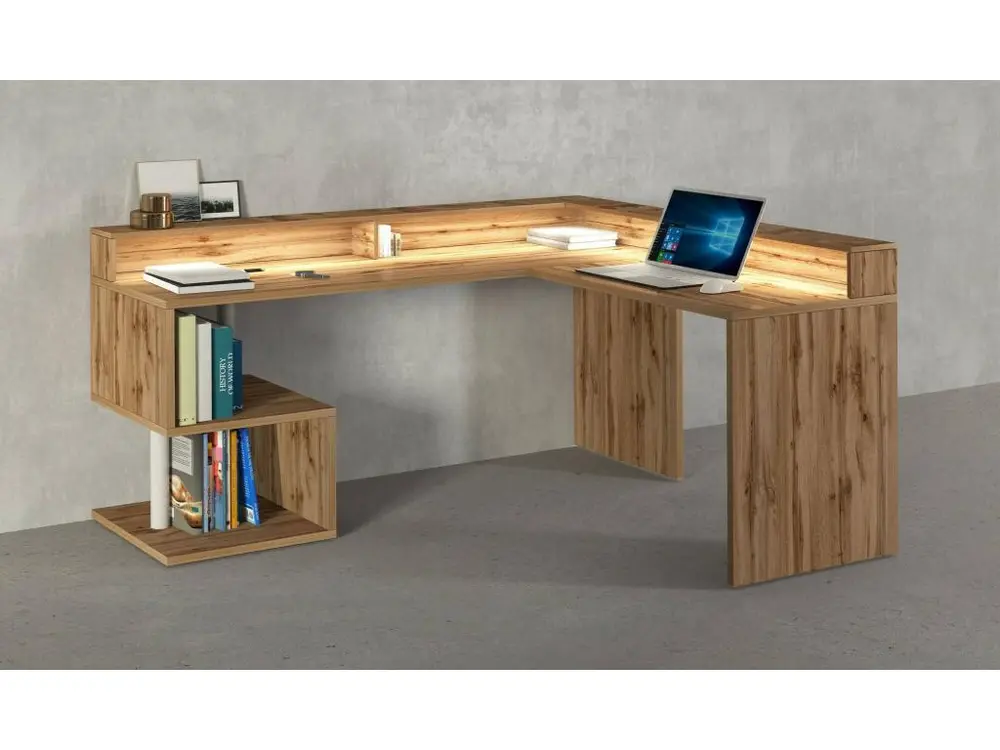 Bureau Albert, Bureau d'angle avec étagères de rangement avec lampes LED, Bureau polyvalent avec plateau, 180x60h93 c...