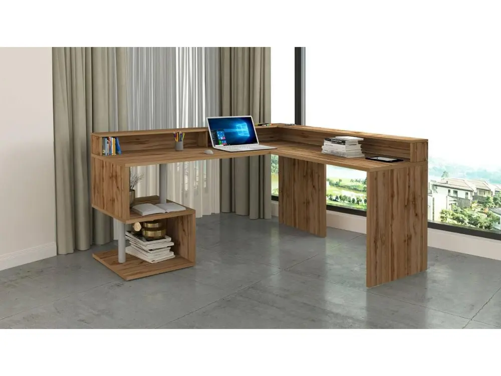 Bureau Albert, Bureau d'angle avec étagères de rangement avec lampes LED, Bureau polyvalent avec plateau, 180x60h93 c...