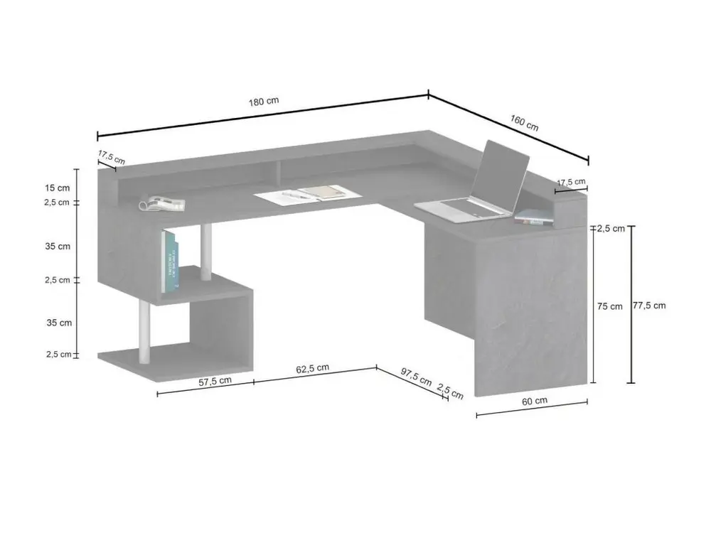 Bureau Albert, Bureau d'angle avec étagères de rangement avec lampes LED, Bureau polyvalent avec plateau, 180x60h93 c...