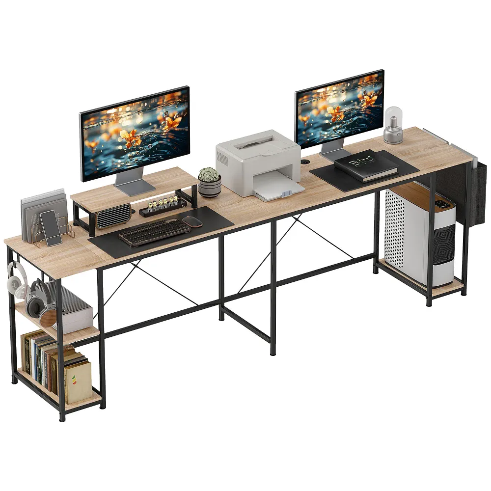 Bureau d'angle modulable réversible, bureau avec rangement 168-240 cm style industriel - étagère réglable, sac de rangemen...
