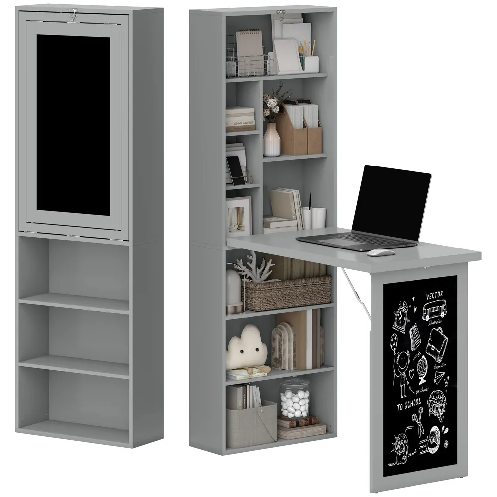 Bureau informatique pliable, bureau avec bibliothèque, poste de travail, tableau noir, 9 compartiments ouverts et étagère...