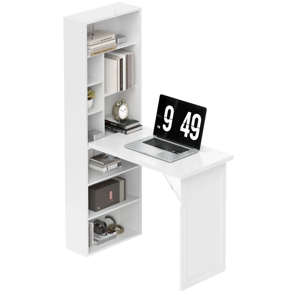 Bureau informatique pliable, bureau avec bibliothèque, poste de travail, tableau blanc, 9 compartiments ouverts et étagère...