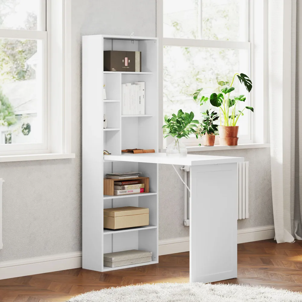 Bureau informatique pliable, bureau avec bibliothèque, poste de travail, tableau blanc, 9 compartiments ouverts et étagère...