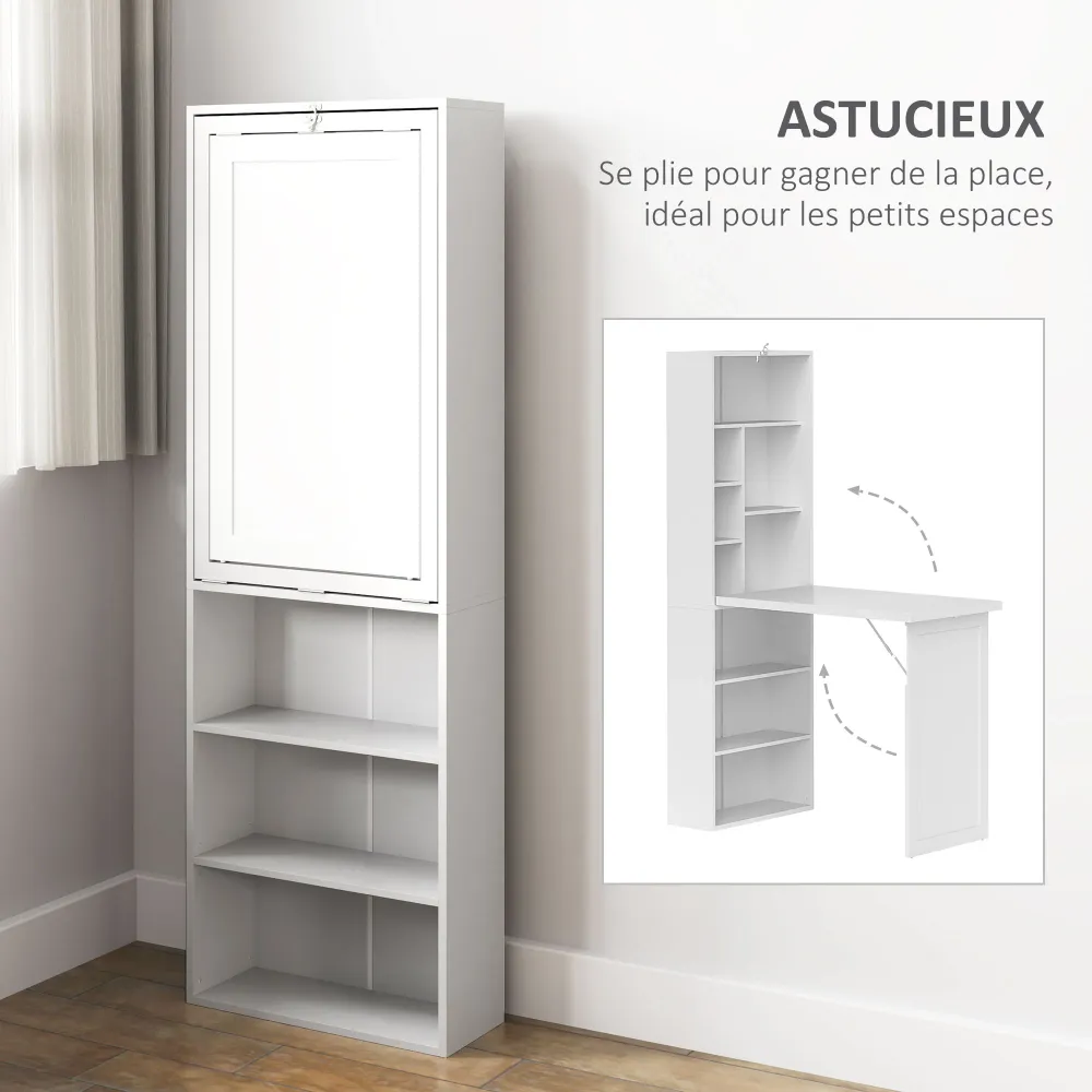Bureau informatique pliable, bureau avec bibliothèque, poste de travail, tableau blanc, 9 compartiments ouverts et étagère...