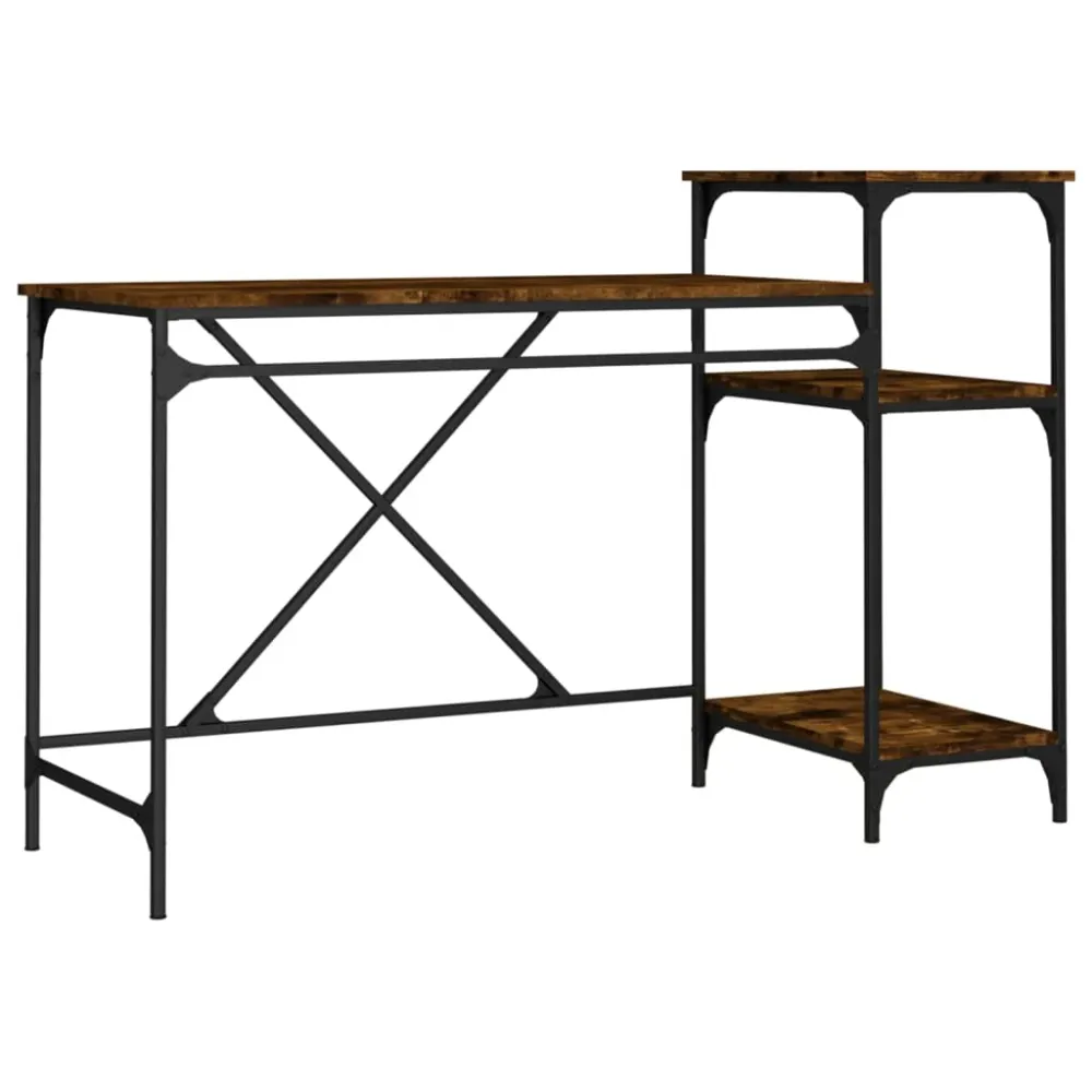 Bureau table poste de travail meuble d'ordinateur informatique étude et étagères chêne fumé 135 x 50 x 90cm bois d'ingénie...