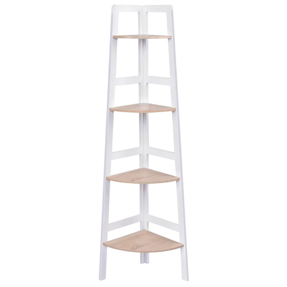 Etagère d'angle meuble d'angle à 4 niveaux bibliothèque support de plantes en MDF, 32x32x138cm, blanc-naturel 20_0002780