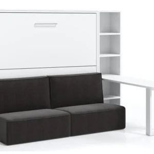 Lit escamotable 120x200 canapé etagere bureau Prolok-Canapé Noir-Avec étagère-Structure et Façade Blanche-Avec bureau | Mo...