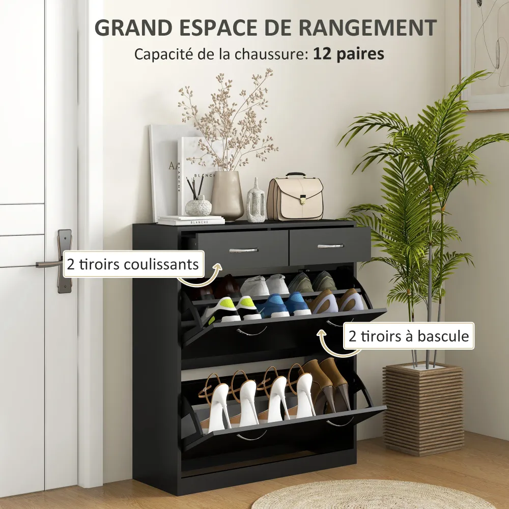 Meuble à chaussures armoire à chaussures - 2 tiroirs et 2 portes abattantes avec étagère réglable - 80 x 30 x 91,5 cm - po...