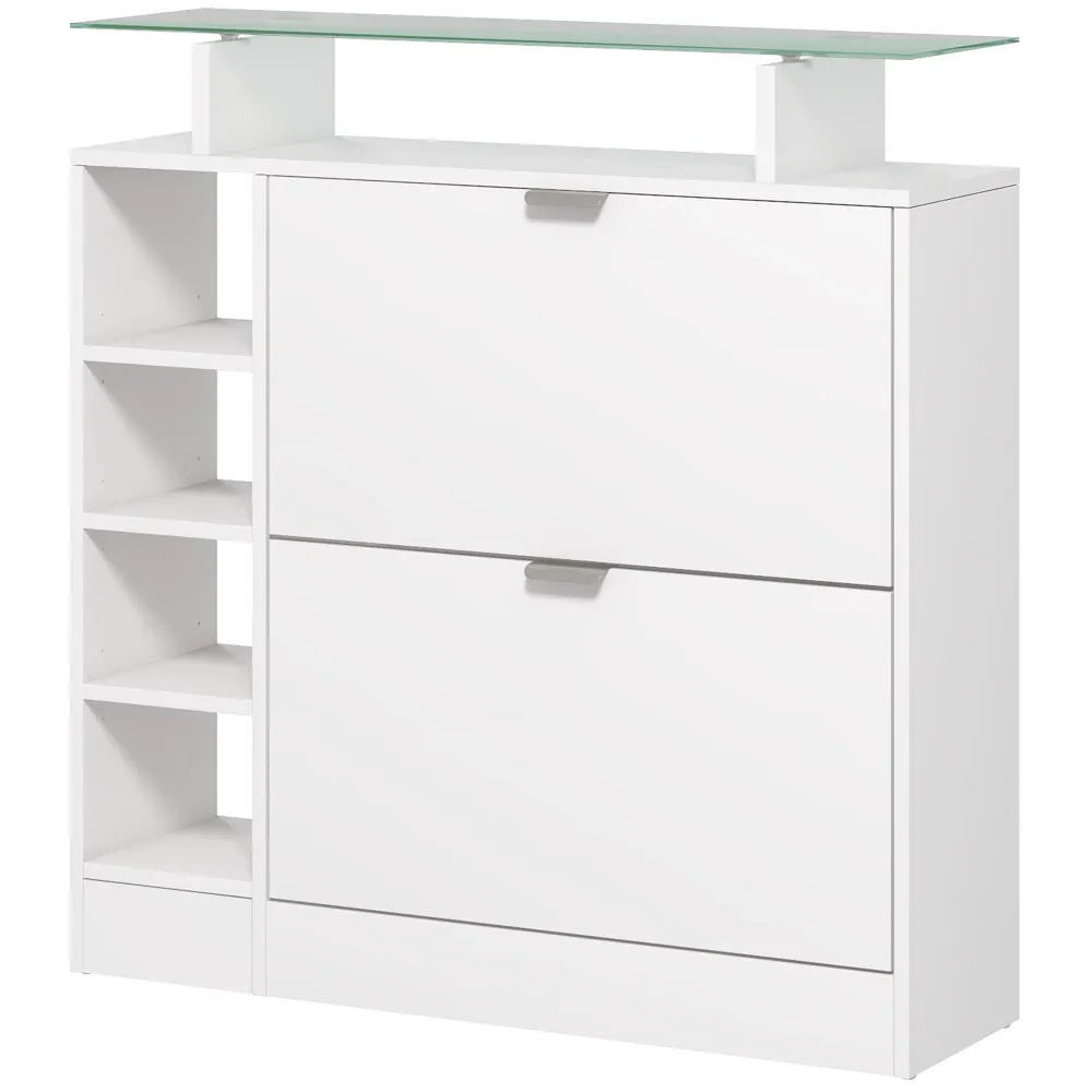Meuble à chaussures novateur avec deux tiroirs rabattables pour 12 paires, armoire à chaussures avec plateau en verre et é...