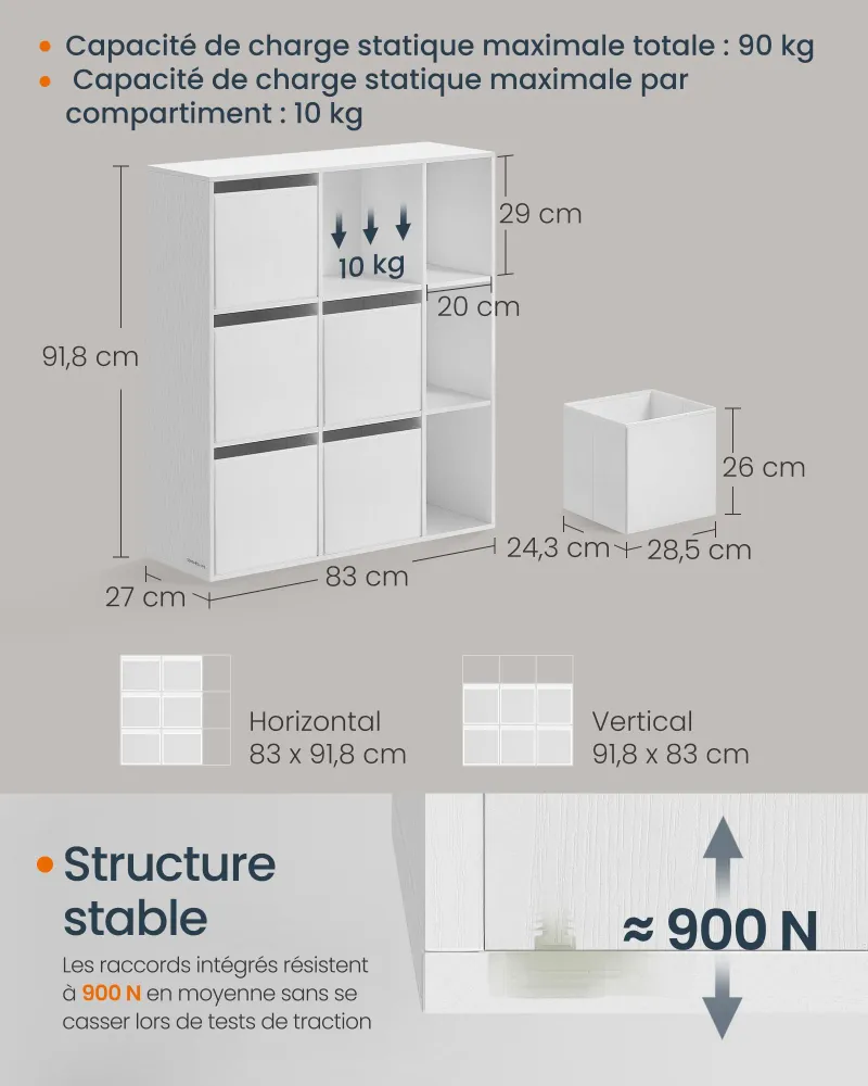 Meuble de rangement étagère bibliothèque 6 compartiments 4 tiroirs en tissu 27 x 83 x 616 cm blanc 12_0006044