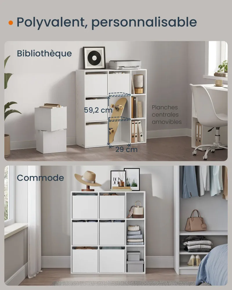Meuble de rangement étagère bibliothèque 6 compartiments 4 tiroirs en tissu 27 x 83 x 616 cm blanc 12_0006044