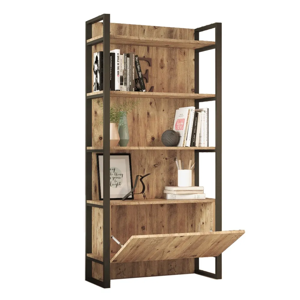 Plateau de bureau Etagère au sol Guinas H180cm Métal Noir et Bois Naturel