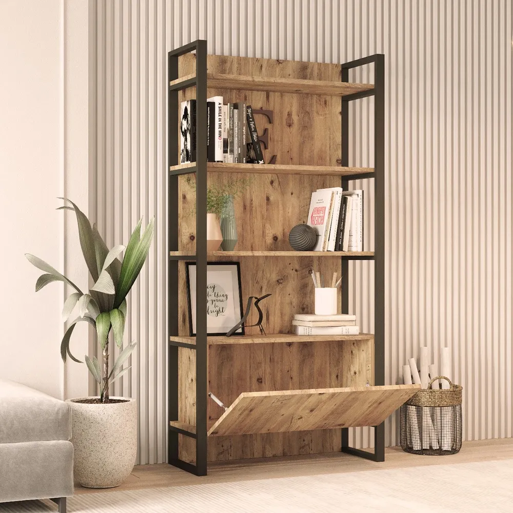 Plateau de bureau Etagère au sol Guinas H180cm Métal Noir et Bois Naturel