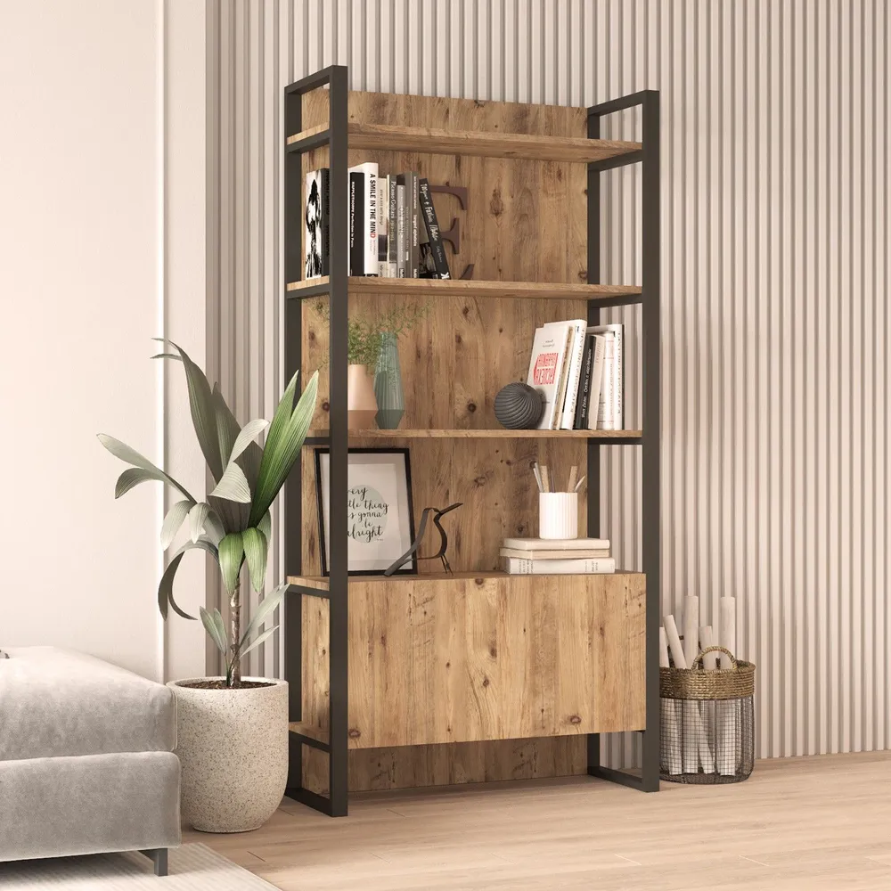 Plateau de bureau Etagère au sol Guinas H180cm Métal Noir et Bois Naturel