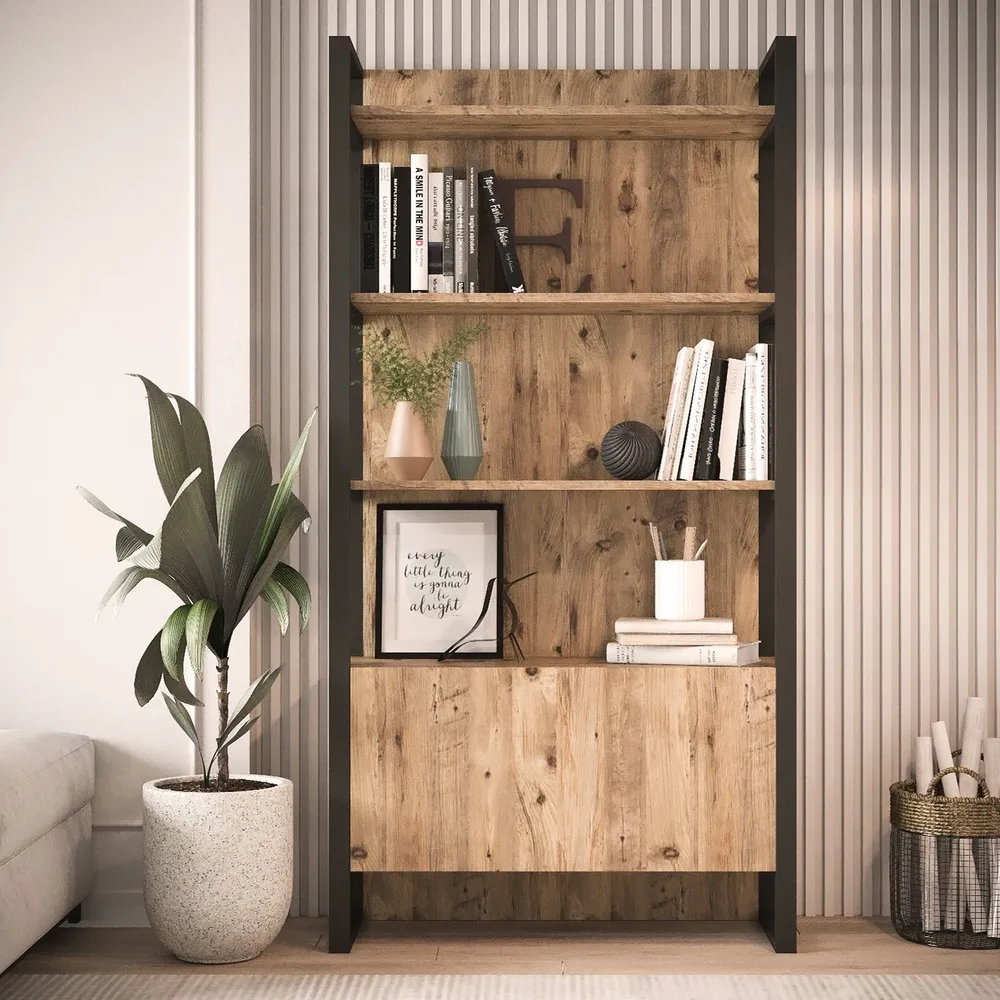 Plateau de bureau Etagère au sol Guinas H180cm Métal Noir et Bois Naturel
