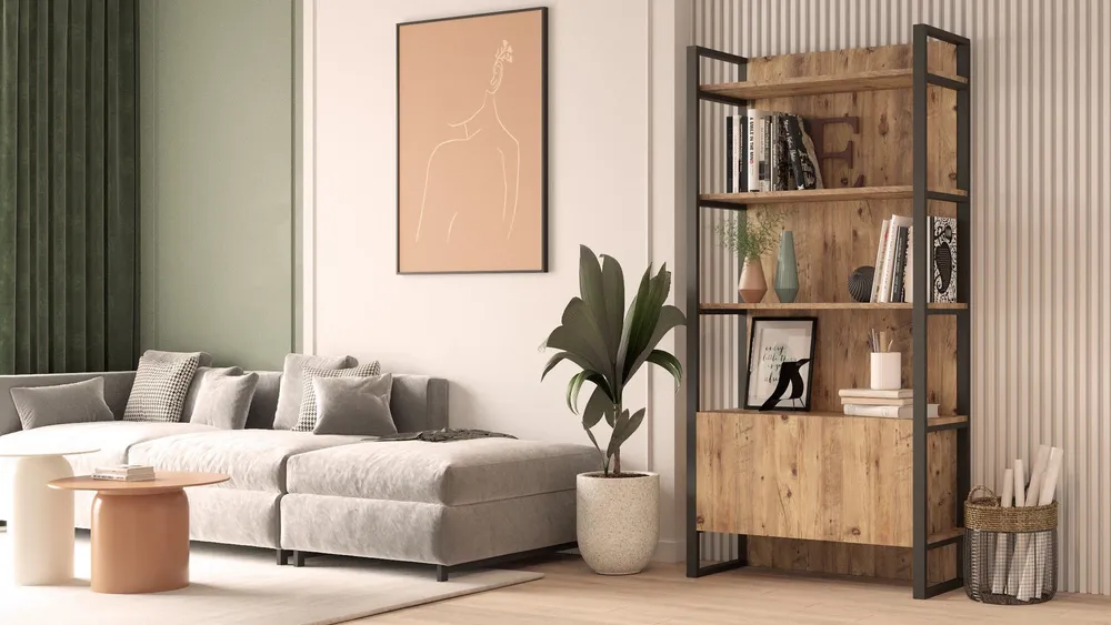 Plateau de bureau Etagère au sol Guinas H180cm Métal Noir et Bois Naturel