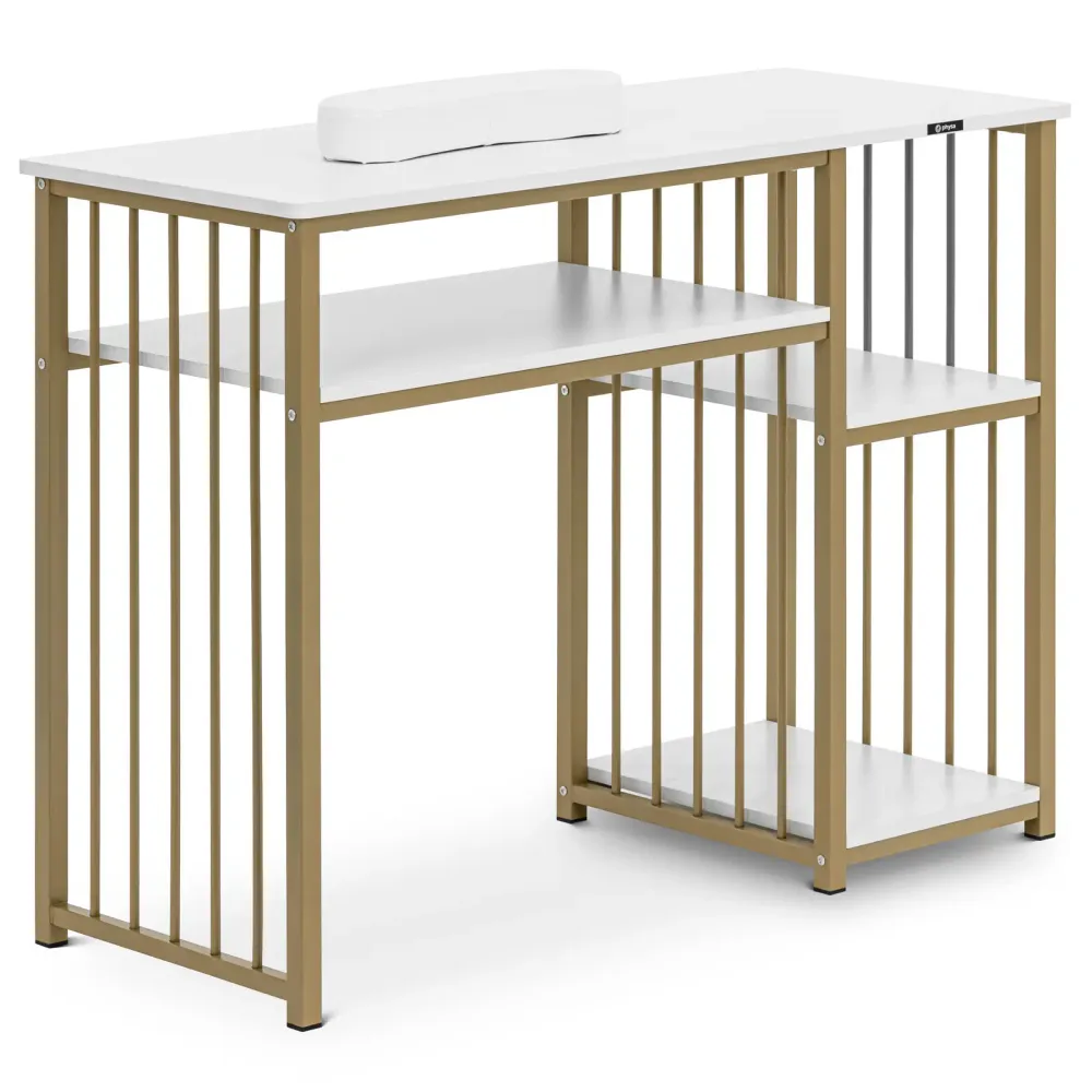 Table de manucure professionnel cadre en fer 3 étagères repose-mains MDF doré blanc 14_0009983
