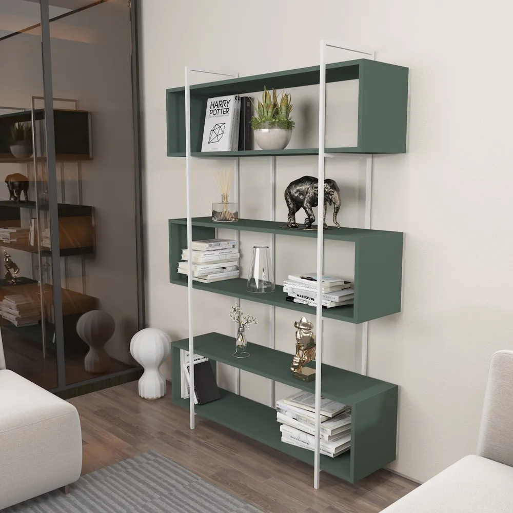 Étagère bibliothèque Trahan L120cm Métal Blanc et Bois Vert