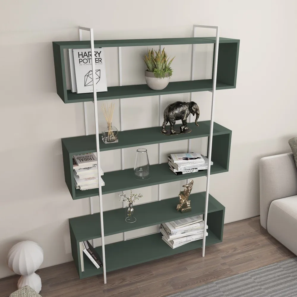 Étagère bibliothèque Trahan L120cm Métal Blanc et Bois Vert