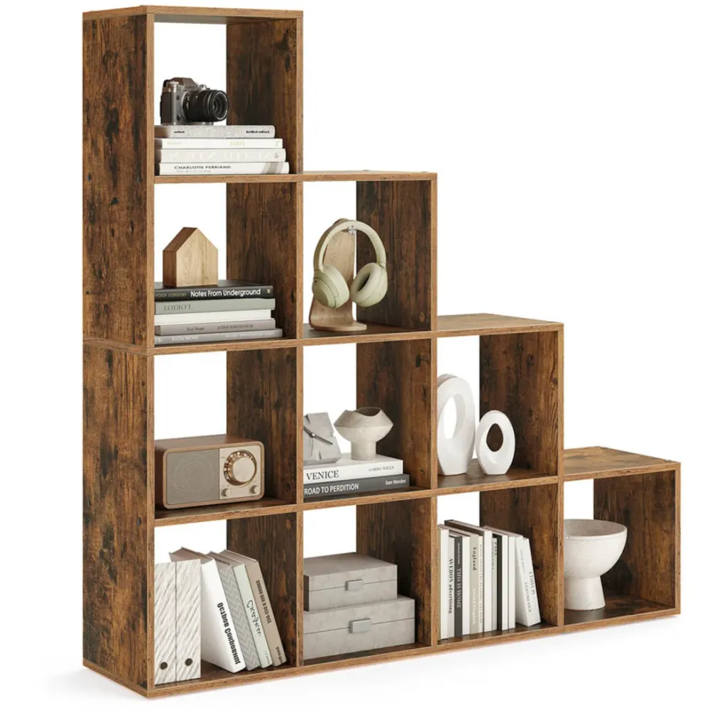 Étagère escalier 129,5 x 29 x 129,5 cm meuble de rangement 6 compartiments pour bibliothèque salon chambre blanc 12_0005762