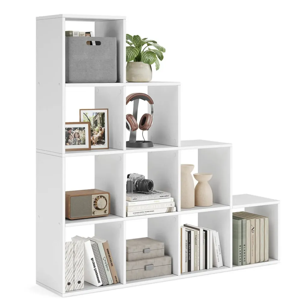 Étagère escalier meuble de rangement 6 compartiments pour bibliothèque 129,5 x 29 x 129,5 cm salon chambre blanc 12_0005761