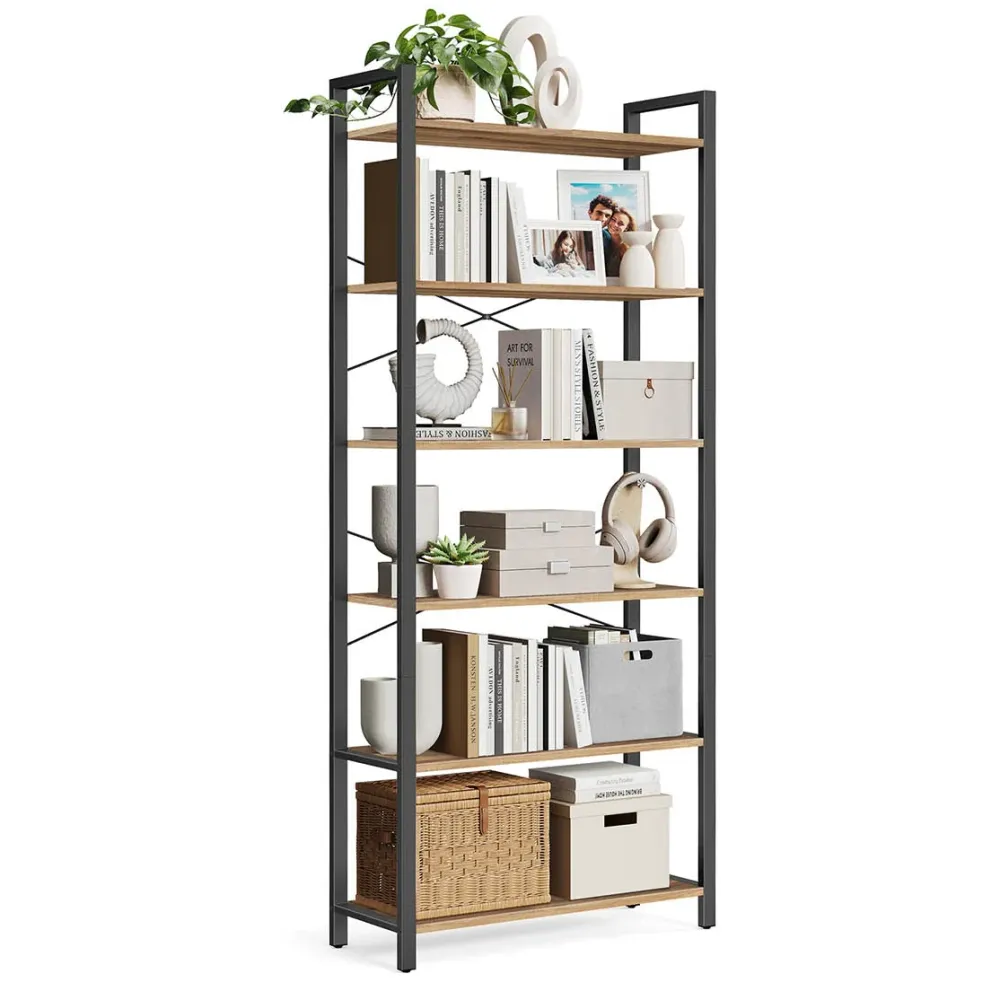 Étagère à 6 niveaux bibliothèque avec cadre en acier pour salon bureau entrée style industriel 80 x 30 x 186 cm marron 12_...