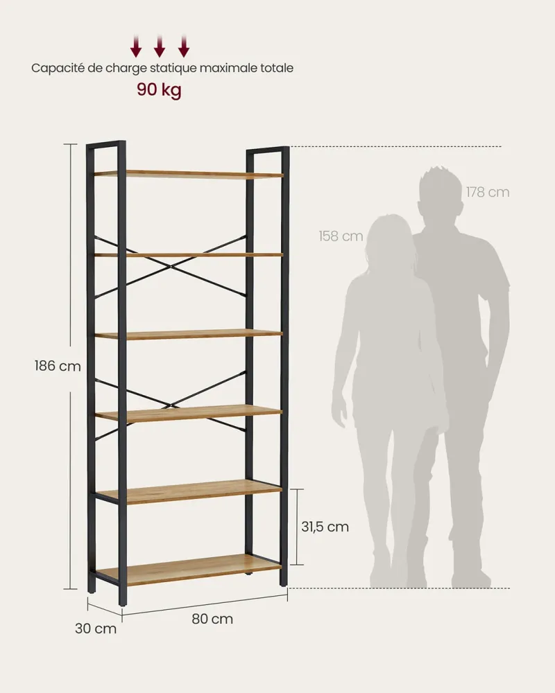 Étagère à 6 niveaux bibliothèque avec cadre en acier pour salon bureau entrée style industriel 80 x 30 x 186 cm marron 12_...