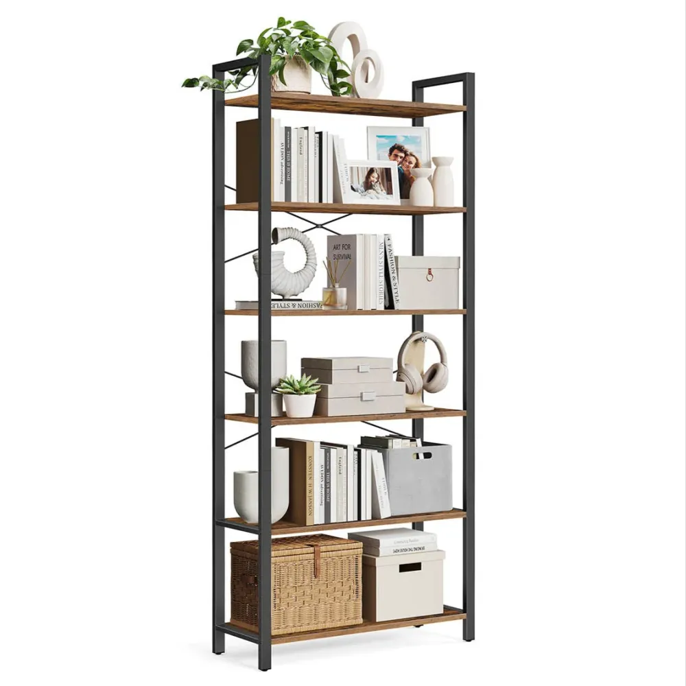 Étagère à 6 niveaux bibliothèque avec cadre en acier pour salon bureau entrée style industriel 80 x 30 x 186 cm marron 12_...