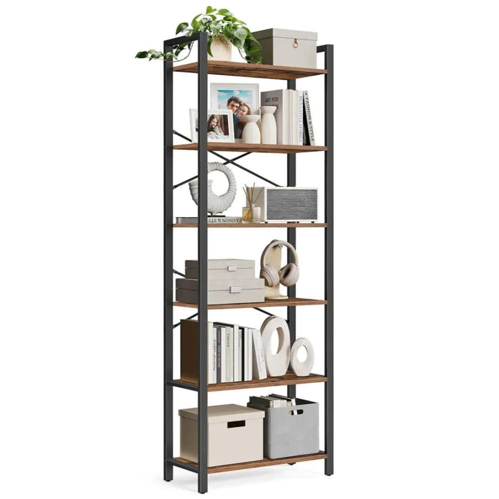Étagère à 6 niveaux bibliothèque avec structure en acier pour salon bureau entrée hauteur 186 cm style industriel marron r...