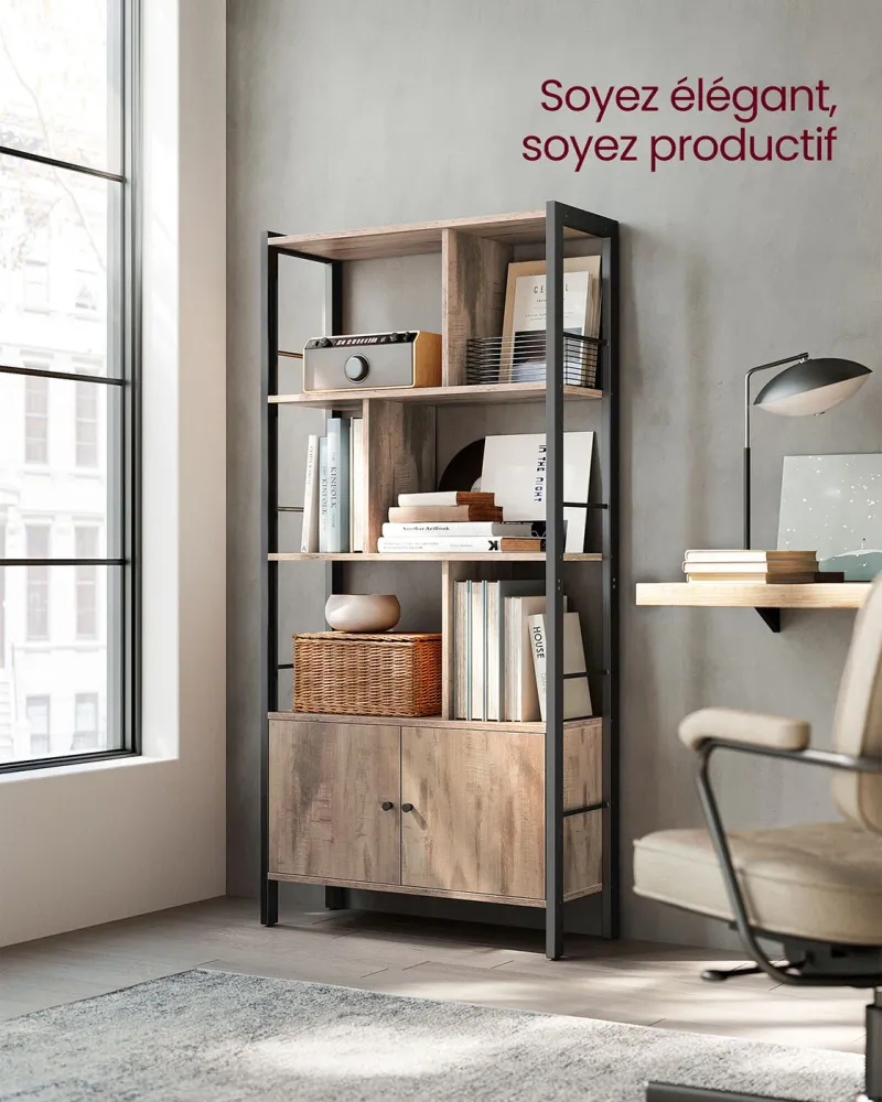 Étagère de rangement bibliothèque à 4 niveaux haut structure stable en acier 30 x 74 x 154,5 cm style industriel marron 12...