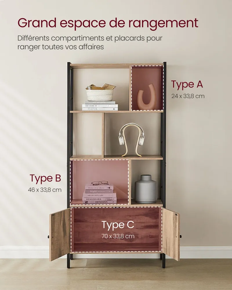 Étagère de rangement bibliothèque à 4 niveaux haut structure stable en acier 30 x 74 x 154,5 cm style industriel marron 12...