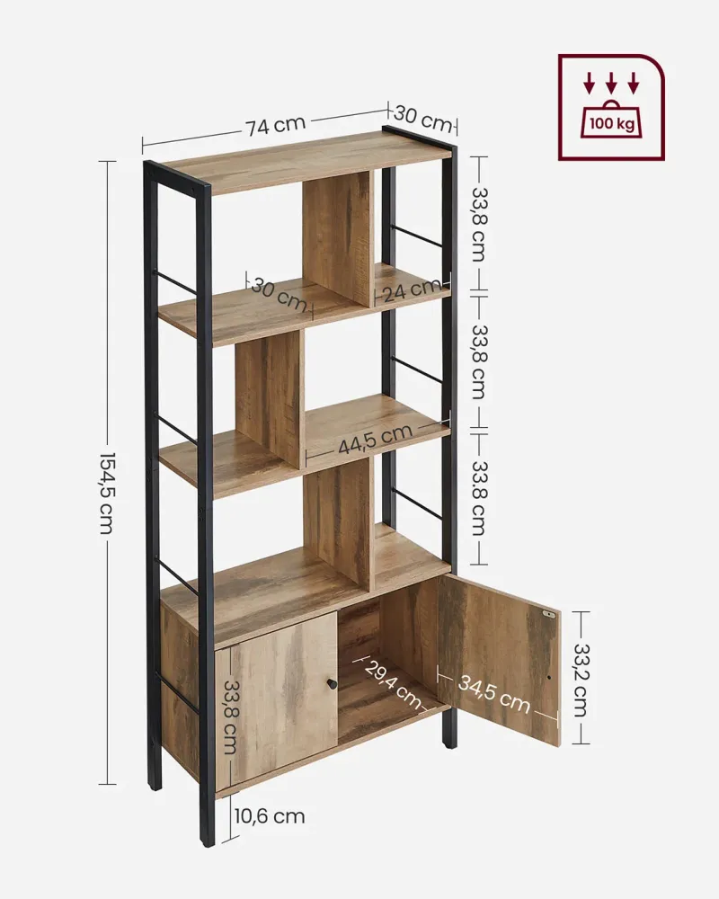 Étagère de rangement bibliothèque à 4 niveaux haut structure stable en acier 30 x 74 x 154,5 cm style industriel marron 12...