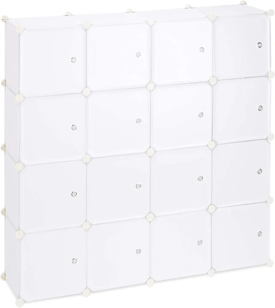 Étagère rangement 16 casiers portes modulable assemblage plug bibliothèque plastique 127 cm blanc 13_0001185