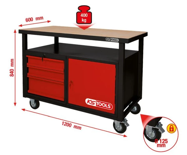 KS Tools Établi mobile avec 3 tiroirs et 1 porte 865.0101 se procurer à bas prix