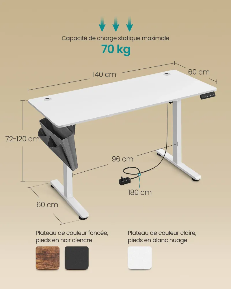 Archivage Premium Bureau électrique assis-debout bureau réglable en hauteur 60 x 120 x (72-120) cm 4 hauteurs mémorisables...