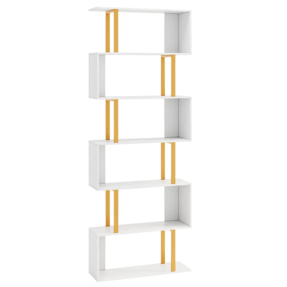 Bibliothèque tendance en forme de S 70 x 24 x 189 cm avec rangement spacieux chic pour salon et bureau en métal et MDF bla...