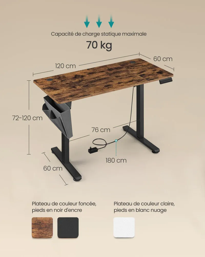 Boîte de classement Bureau électrique assis-debout bureau réglable en hauteur 60 x 120 x (72-120) cm 4 hauteurs mémorisabl...