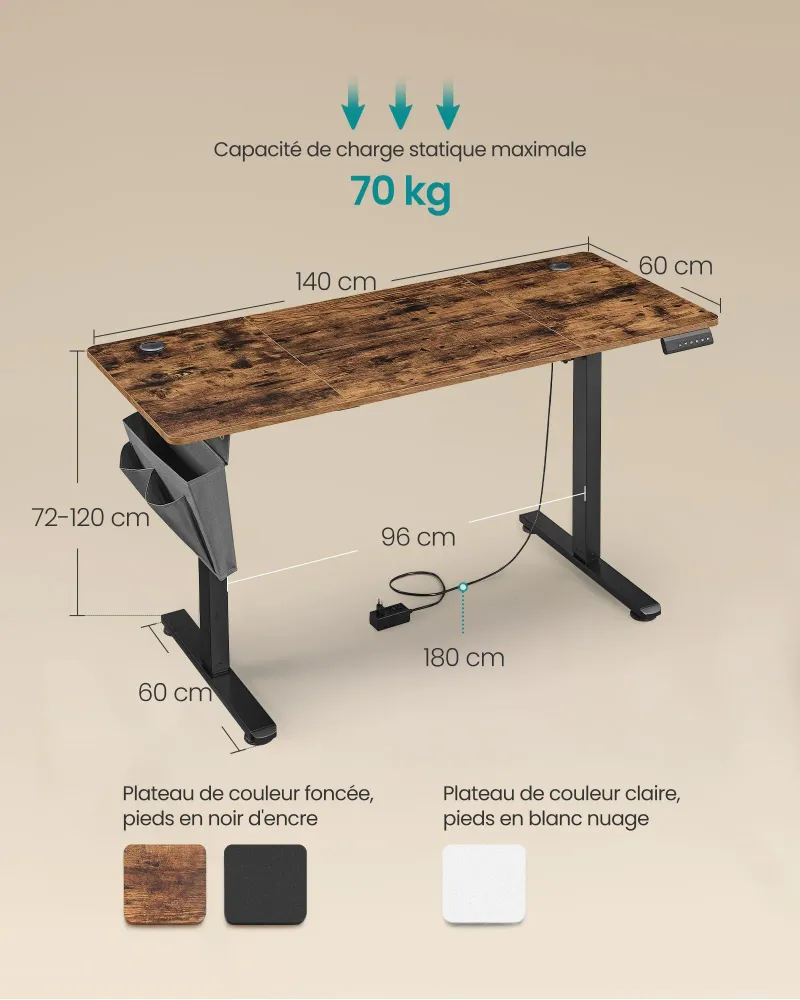 Bureau électrique assis-debout bureau réglable en hauteur 60 x 120 x (72-120) cm 4 hauteurs mémorisables pochette de range...