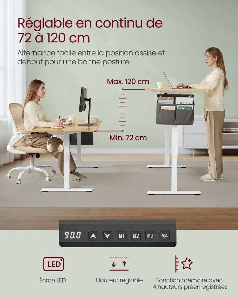 Bureau électrique assis-debout bureau réglable en hauteur 60 x 120 x (72-120) cm 4 hauteurs mémorisables pochette de range...