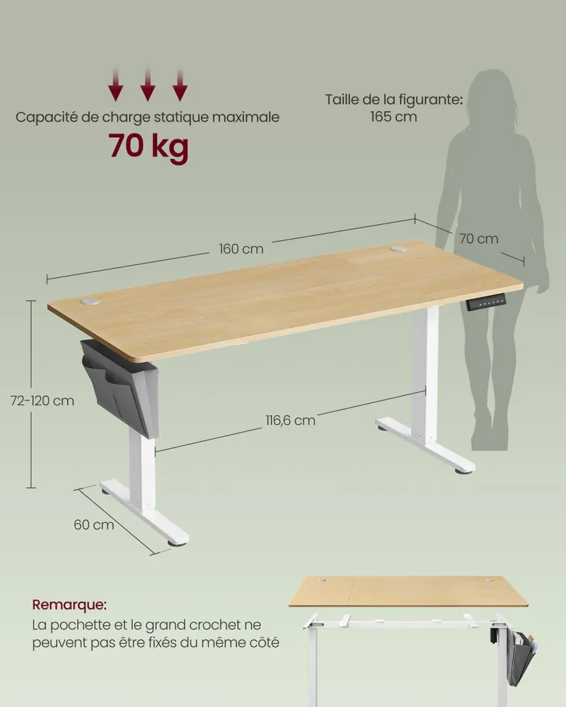 Bureau électrique assis-debout bureau réglable en hauteur 60 x 120 x (72-120) cm 4 hauteurs mémorisables pochette de range...